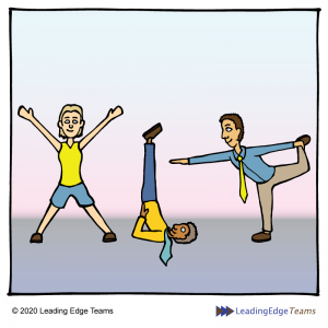 The tension and the squeeze cartoon: Business people in yoga poses - Leading Edge Teams