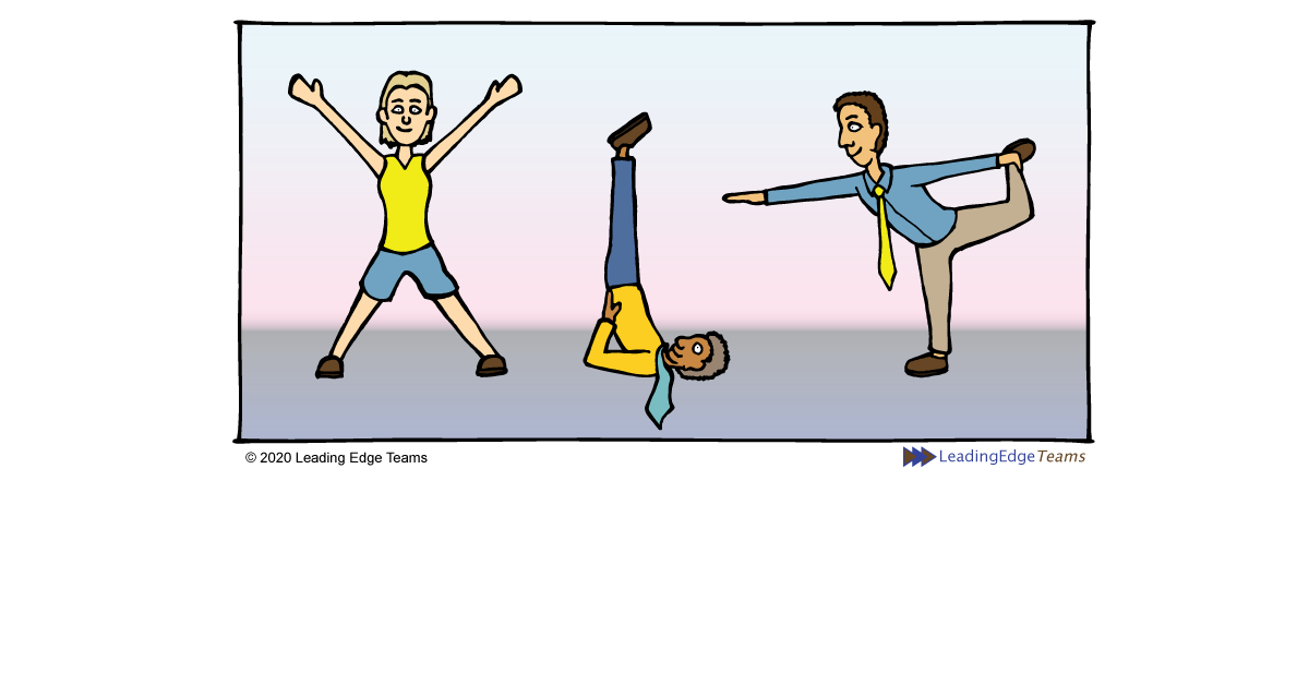 The tension and the squeeze cartoon: Business people in yoga poses - Leading Edge Teams