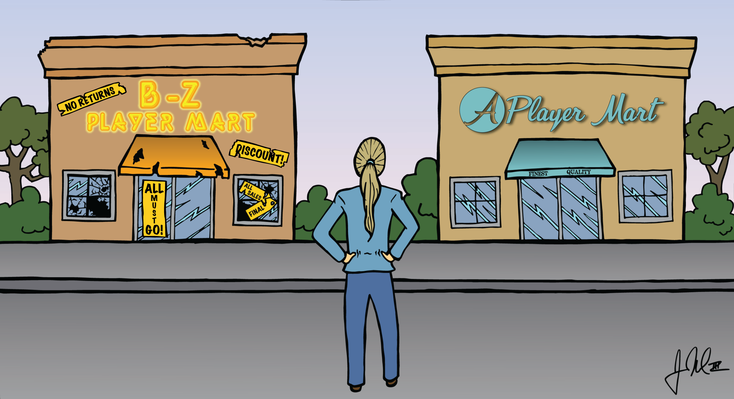 Cartoon - B to Z Mart or A Player Mart, person making decision - Leading Edge Teams