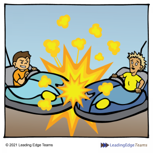 Know your Triggers to Uplevel your Performance - Cartoon: Bumper cars - Leading Edge Teams