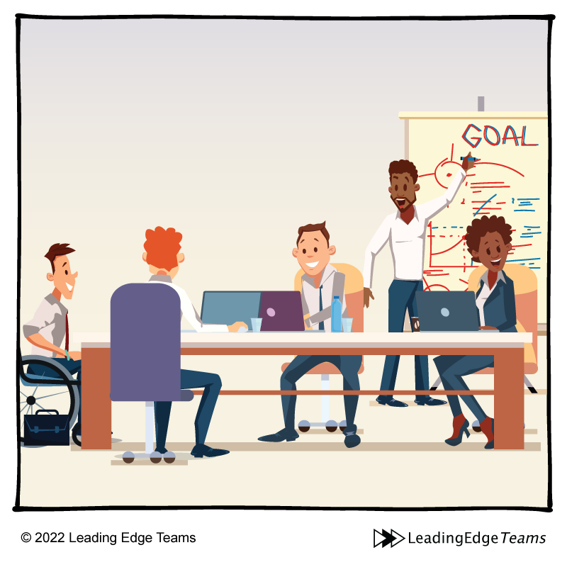 Habitual Behaviors that Make Up Culture - Team in meting discussing goals cartoon - Leading Edge Teams