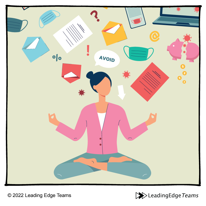 Self Care is Not Optional - Man with head on desk in overwhelm cartoon - Leading Edge Teams