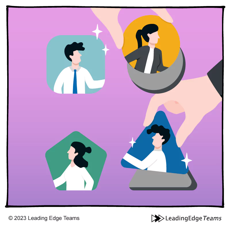 High Performance Teams need Role Clarity - Cartoon fitting people into shapes - Leading Edge Teams